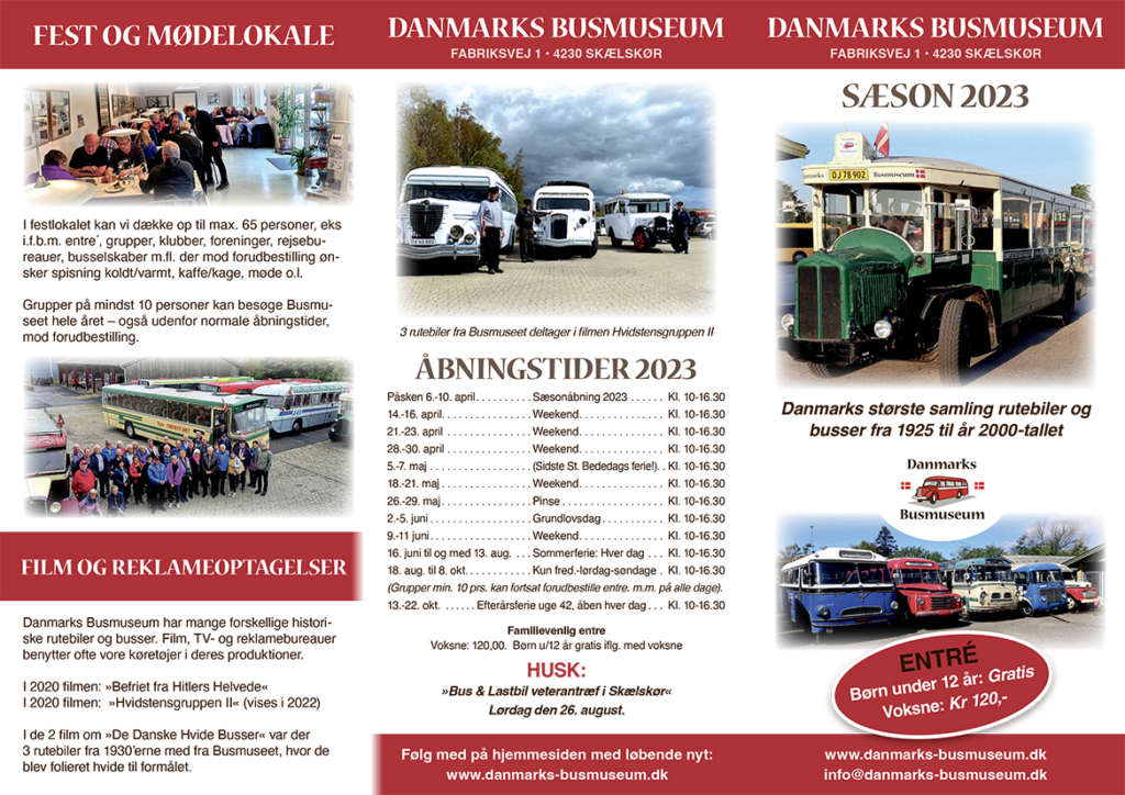brochure over åbningstider for danmarksbusmuseum