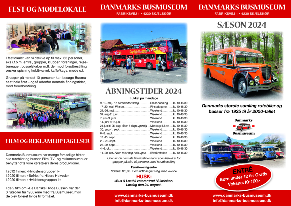 brochure over åbningstider for danmarksbusmuseum